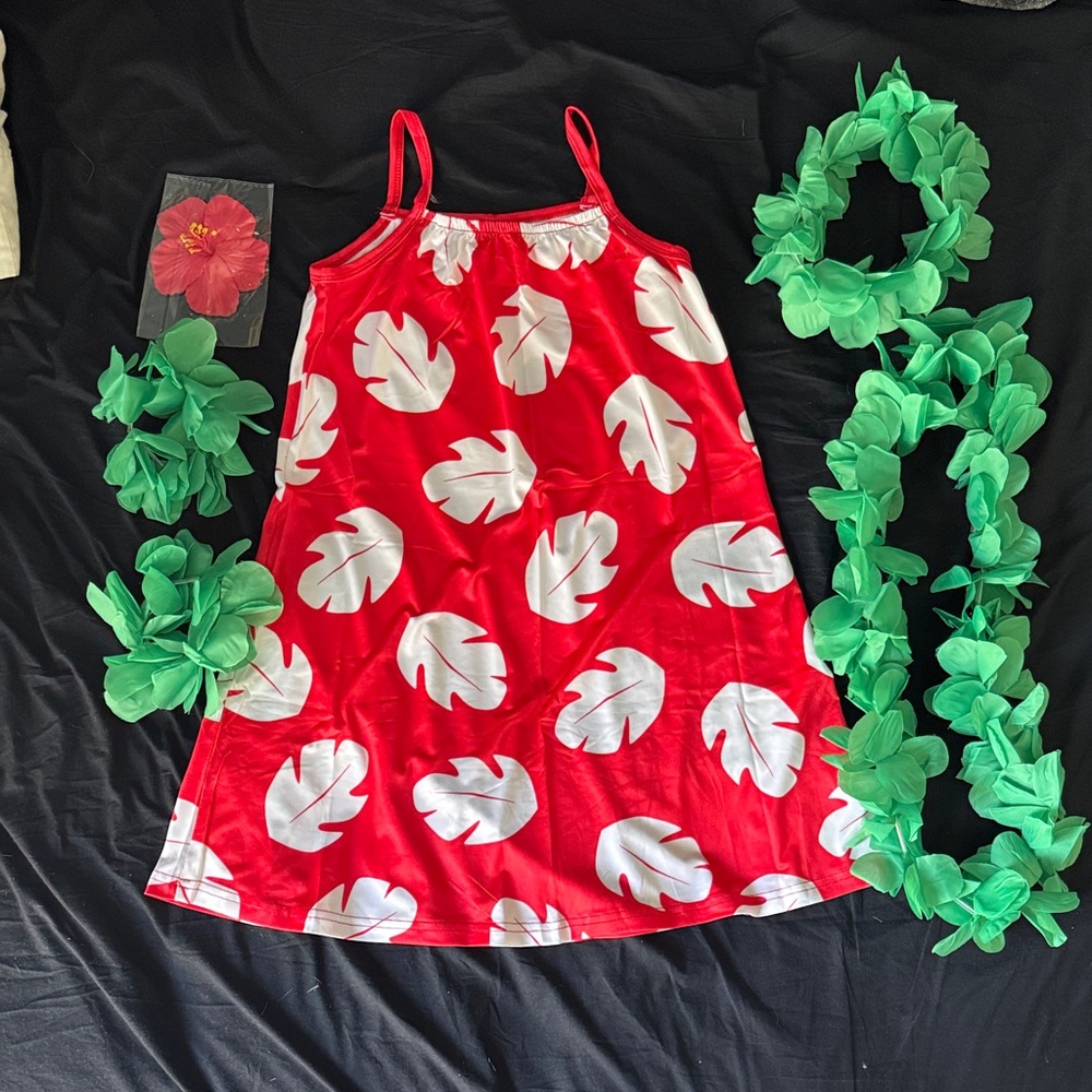 Hawaiian Tropical Red and White Leaf Dress Kids Costume